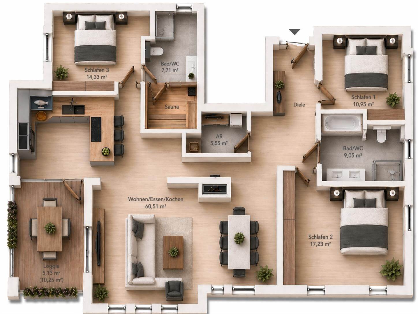 Grundriss der Ferienwohnung Poseidon · Villa Stella Maris – 136 m², 3 Schlafzimmer, 2 Badezimmer, offener Wohn- und Essbereich, Balkon